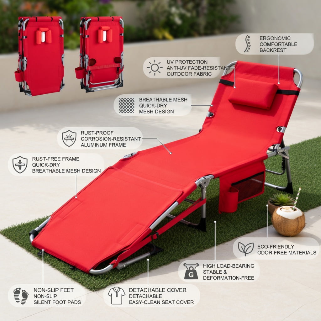 Hommoo Portable Folding Tanning Chair with Face Hole & Adjustable Backrest, UV-Resistant Oxford Fabric, Red