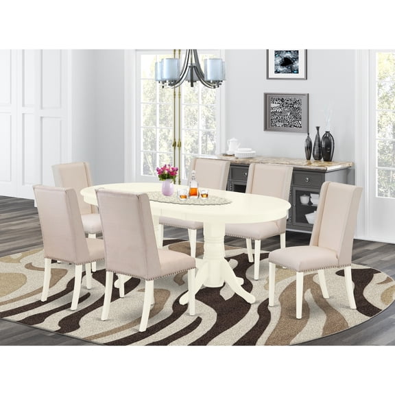Coastal Cottage 7-Piece Dining Set - Round Table6 Parson Chairs - Linen White Finish - Solid Wood Kitchen Table