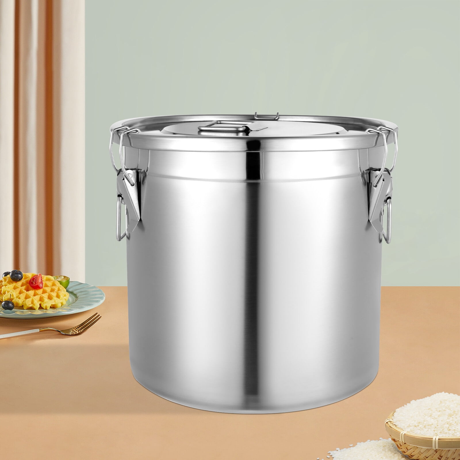 21L Silver Stainless Steel Dry/Wet Food Storage Container Airtight Canister W/ Handles for Restaurants