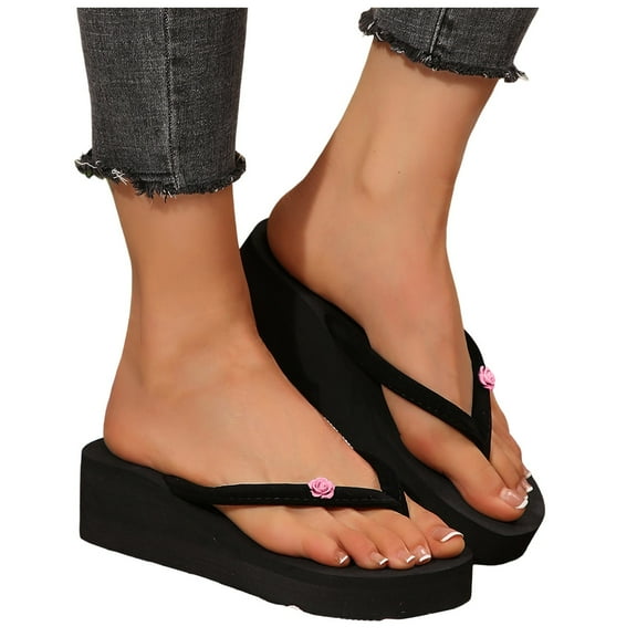 Platform Wedge Flip Flops for Women Boho Flower Memory Foam Chunky Slip on Sandals Outdoor Beach Dress Slides