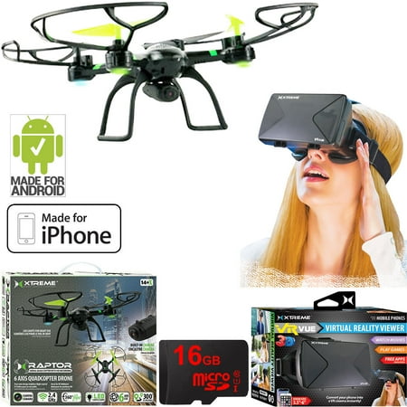 Xtreme Ready-To-Fly 2.4Ghz 6 Axis Gyro Aerial Quadcopter Drone with Camera (05461) with Bundle Includes VR Vue Virtual Reality Viewer for Smartphones + 16GB MicroSD Memory