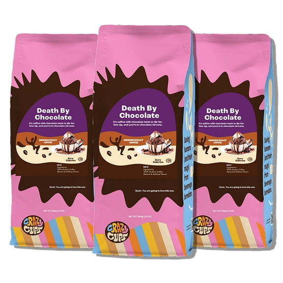 Crazy Cups Flavored Ground Chocolate Coffee, Death By Chocolate Coffee in 10 oz Bag, For Brewing Flavored Hot or Iced Coffee, 3 Pack