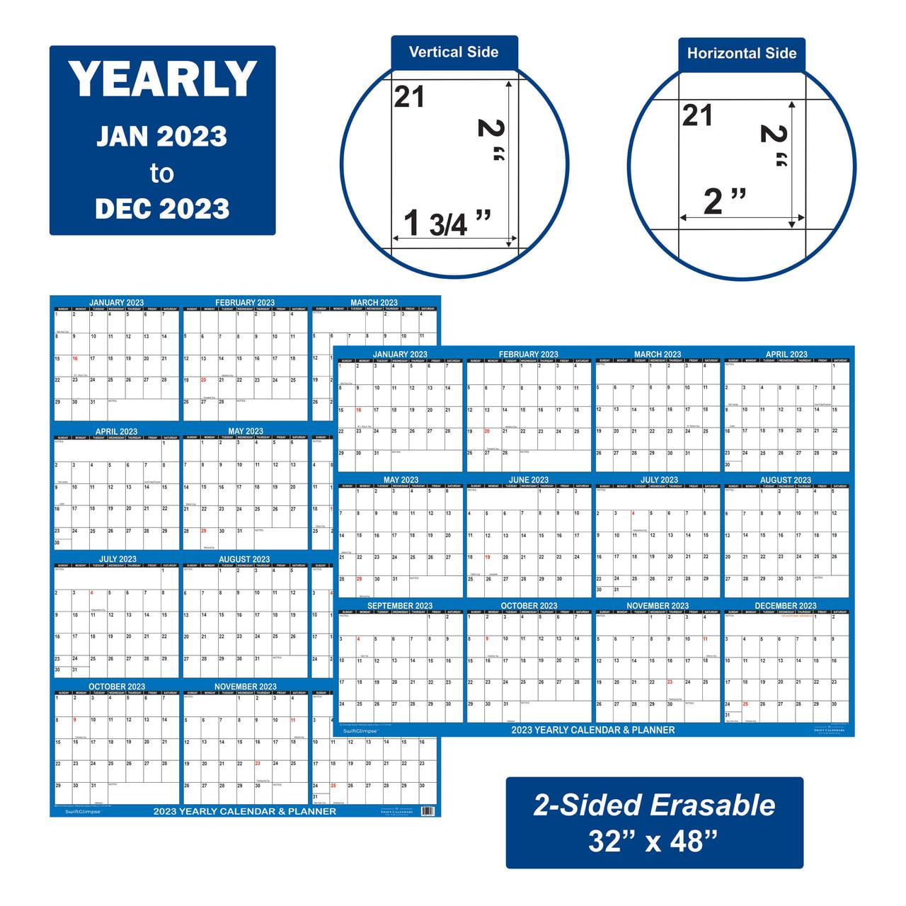 SwiftGlimpse 32" x 48" Yearly 2023 Wall Calendar, Erasable, Reversible, Horizontal-Vertical, Navy