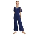 thumbnail image 2 of Hansber Kids Girls Sparkly Rhinestones Wide Leg Jumpsuit Long Pants Short Sleeve High Waist One Piece Romper Navy Blue 10, 2 of 6