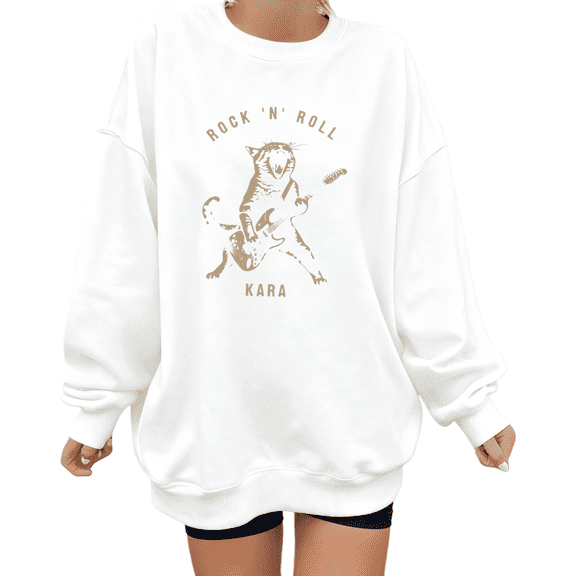 White Print Sweatshirt Graphic Rock 'n' Roll Cat Style Casual Weekend Shirts Trendy Cozy Wear Tops S-3XL