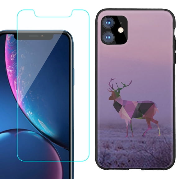 For Apple iPhone 11 Phone Case , Slim-Fit TPU Protective Case (Black), with Tempered Glass Screen Protector, by OneToughShield ® - Deer/Polygon