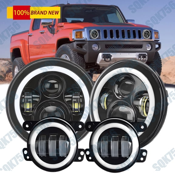 For Hummer H2 H3T 06-10 7" INCH Halo LED Headlight DRL & 4" Fog Lights Combo
