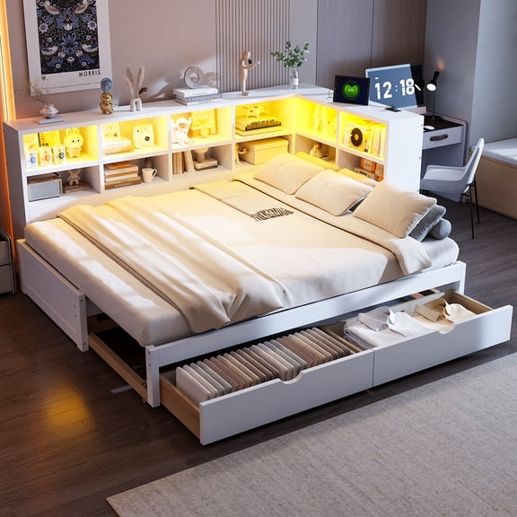 MODERNLUXE Twin XL to King Size Wood Daybed with Storage Cabinets, Drawers, LED Light and USB Ports, White