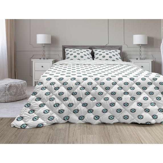 Eyes Comforter & Sham Bedding Set, Repeated Illustration of Doodle Eye Motifs with Eyelashes on a Plain Background, 3 pcs Duvet Set Microfiber Filling Quilt, 5 Sizes, Seafoam and White, by Ambesonne