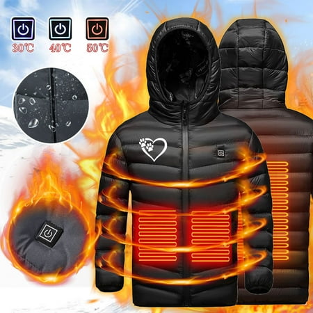 Hicidod Kids Heated Jacket with 3 Heating Zones Lightweight Zipper Warm Heated Coat Usb Charging Hooded Waterproof Heated Jackets