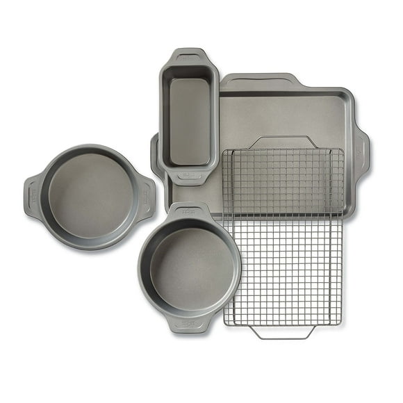 All-Clad Pro-Release Nonstick Bakeware Set Including Round Cake, Loaf Pan, Cooling &amp; Baking Rack, 5 Piece, Gray