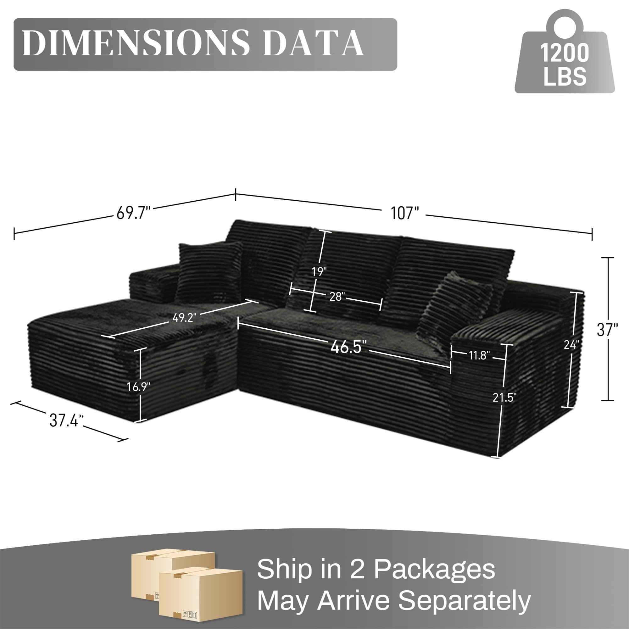 Aukfa 107" Cloud Modular Sectional Couch with Left-Facing Chaise, Corduroy Deep Seat Boneless Sofa for Living Room, Apartment, Black