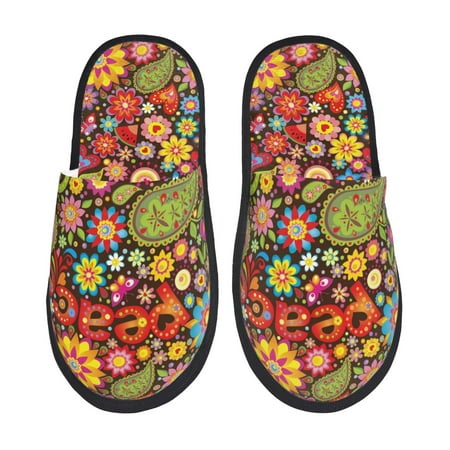 

Fuzoiu Hippie Peace Love Print Unisex Furry Slippers Plush Indoor Shoes Trendy House Slippers Anti-Skid EVA Sole House Shoes for Home Office and Travel -Medium