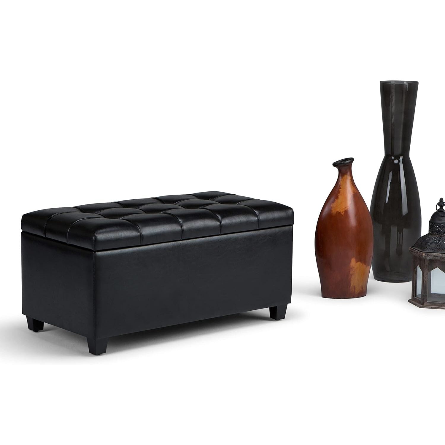 Storage Ottoman Bench - Rectangular Tufted Ottoman with Hidden Storage - Vegan Leather - 33.3" W x 17.5" D x 17.1" H