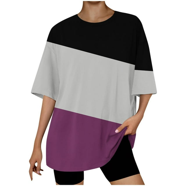Timegard Womens Top Summer Drop Shoulder Short Sleeve Casual Crewneck Loose Comfy Color Block Mid Long Top