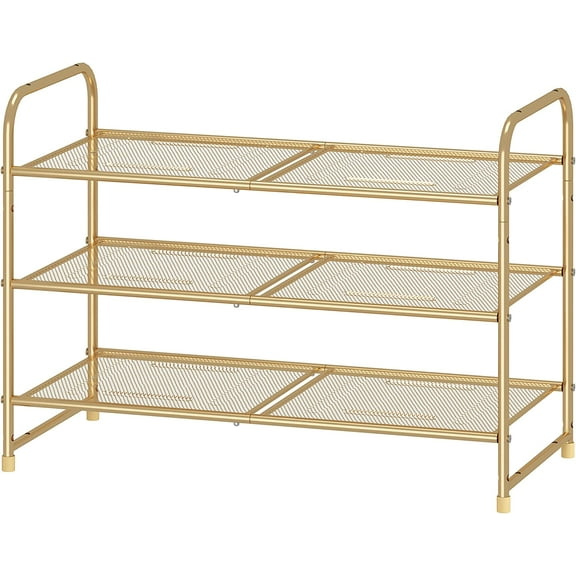 3-Tier Stackable Shoe Rack, Expandable & Adjustable Shoe Shelf Storage Organizer, Metal Mesh, Gold