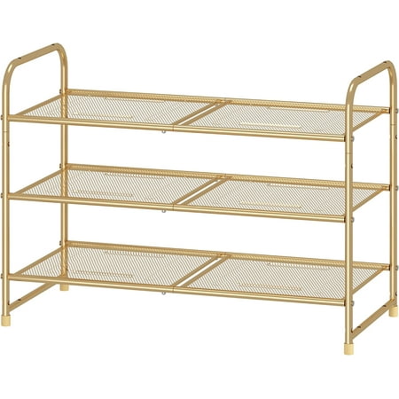 3-Tier Stackable Shoe Rack Expandable & Adjustable Shoe Shelf Storage Organizer Metal Mesh Gold