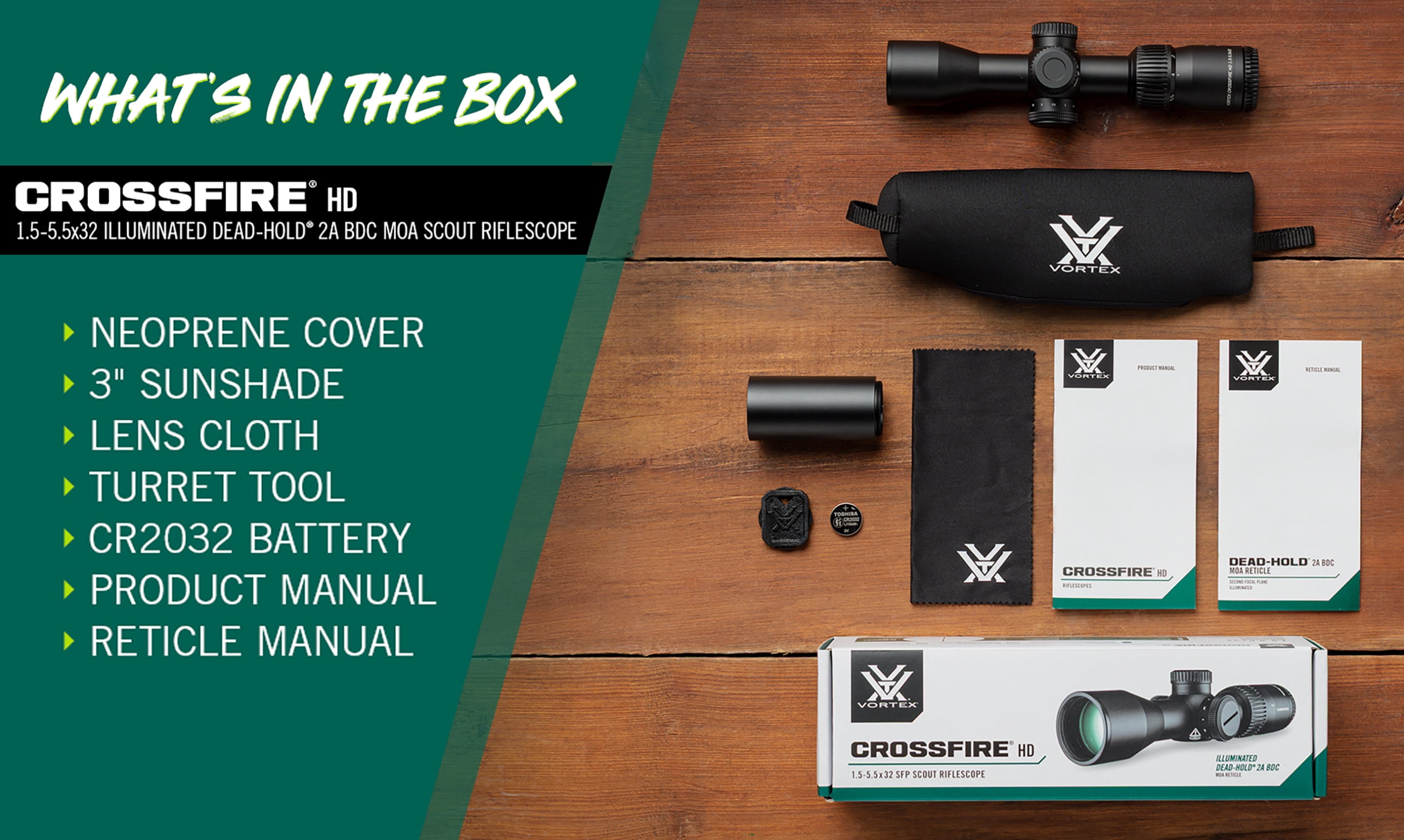 Vortex Crossfire HD 1.5-5.5x32 Scout Second Focal Plane, 1-inch Tube Riflescope - Illuminated Dead-Hold 2A BDC MOA Reticle