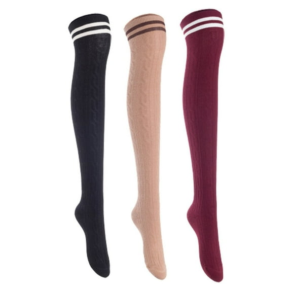 Lian Lifestyle Women's 3 Pairs Incredible Durable Super Soft Unique Over Knee High Thigh High Cotton Socks, Size US 6-9, JMYP1023 Black,Khaki,Wine