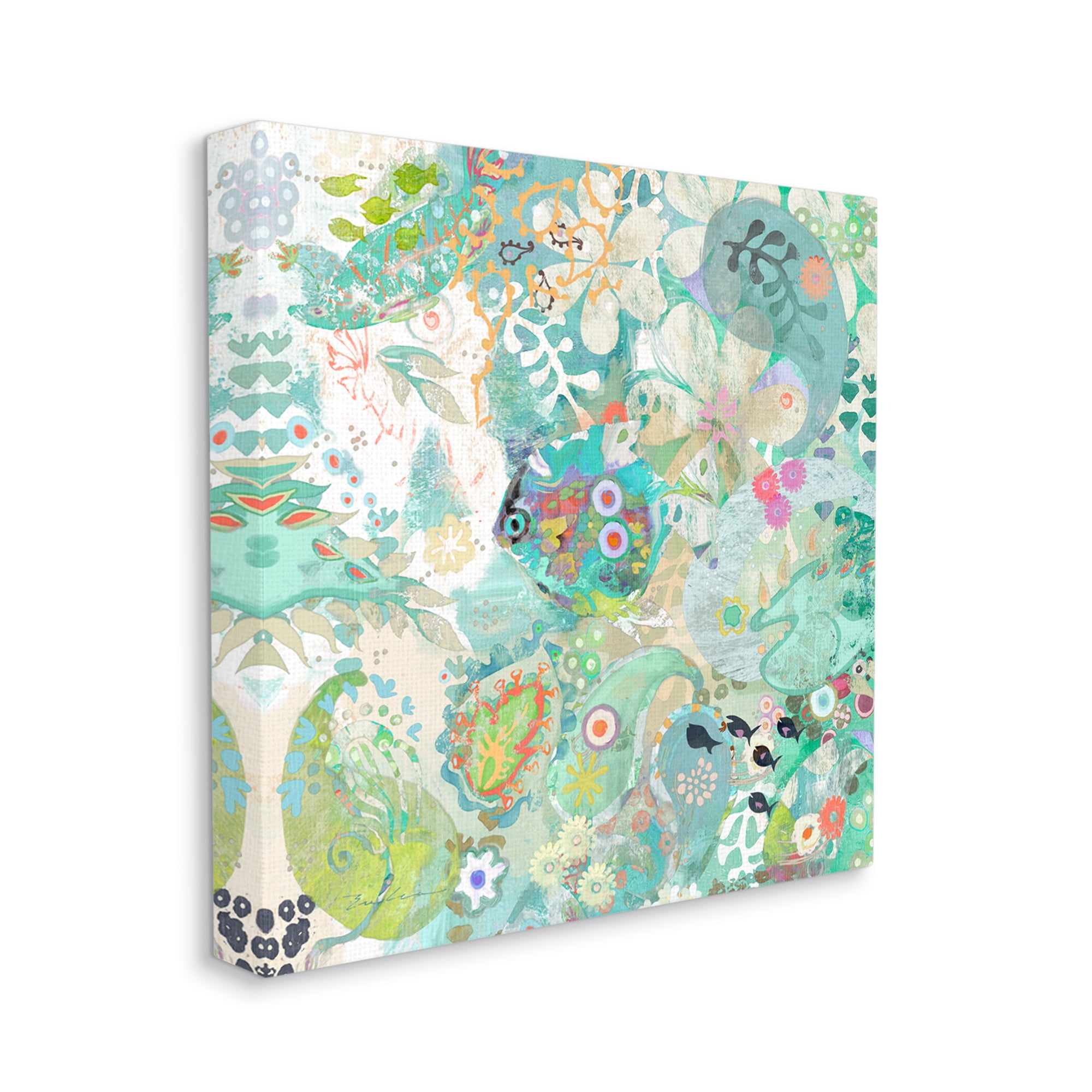 Stupell Industries Green Paisley Fish Pattern Botanical & Floral Painting Gallery Wrapped Canvas Print Wall Art, 17 x 17