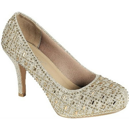 Daisy Bridal Shoes - Riley-78 Women Party Prom Bridal Wedding Rhinestone Low Heel Pump Shoe Gold