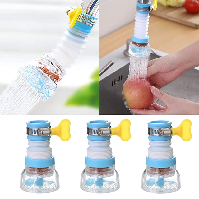 filtro de agua de boquilla de grifo (3 piezas) dispositivo de ahorro de agua del grifo giratorio de 360 ° rociador de filtro, filtración de purificación de agua del grifo de la cocina sincero conciso — Tres filtros azules y blancos alineados con cámara transparente que exhibe las bolas de piedra médica según la descripción, rosca de ajuste, abrazadera metálica con perilla amarilla y cuello corrugado extensible que gira 360°; en imágenes auxiliares montado en grifo ofrece chorro uniforme para enjuagar frutas y verduras, y reduce salpicaduras para ahorro de agua doméstico.