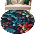 thumbnail image 2 of Teal Red 8ft Round Rug for Open Concept Living Room Seating Zone, Abstract Succulents Flower Leaf Vintage Botanical Washable Non Slip Large Circle Area Rug, 2 of 9