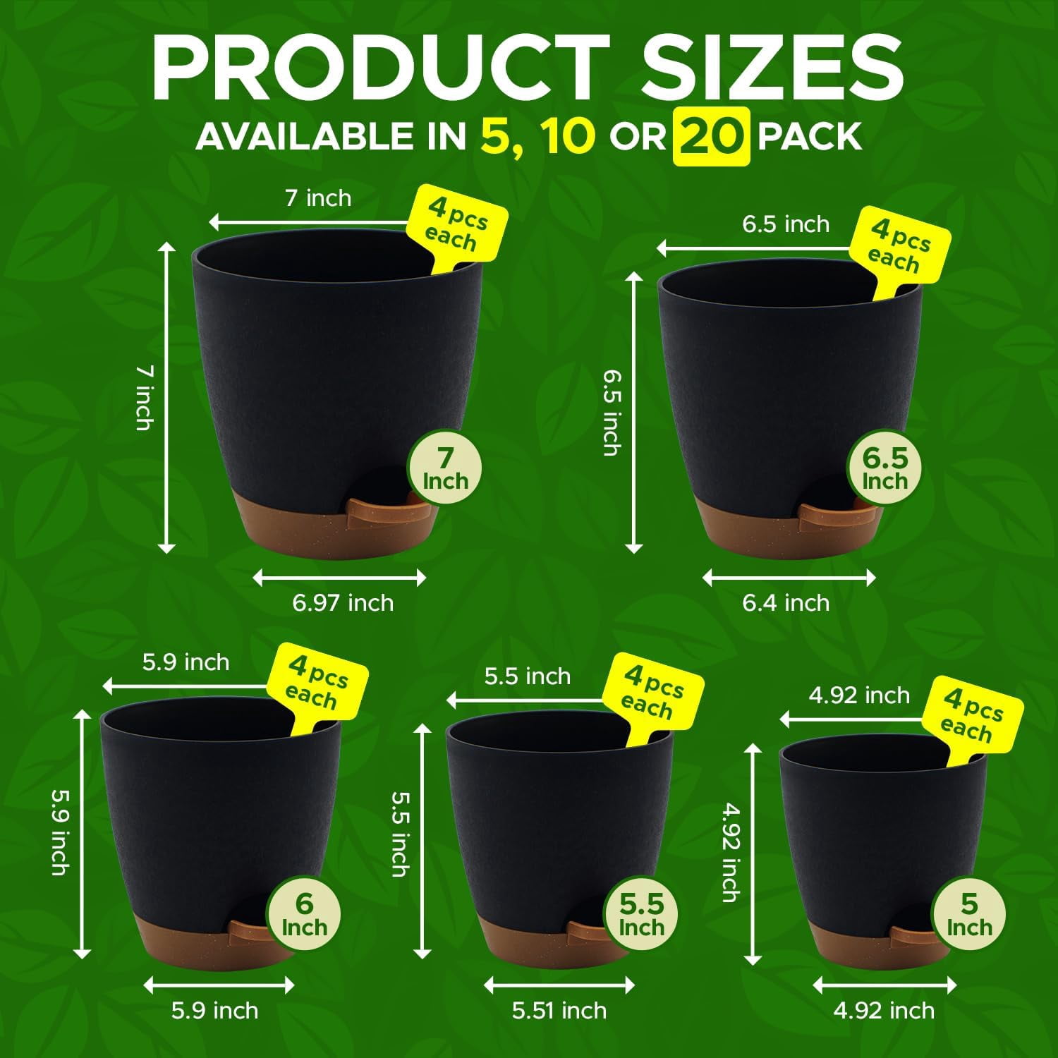 Campior Self-Watering Planters, 5 Sizes with Drainage Holes & Wick Rope, Pack of 20, Black
