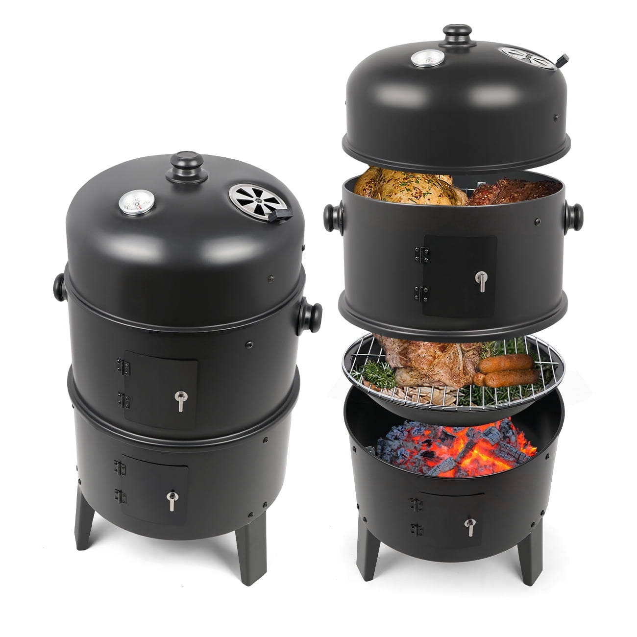Linsen-outdoors Stainless Steel Vertical Charcoal BBQ Smoker: Versatile 3-in-1 Grill for Smoking, Roasting, and Barbecuing in Your Backyard or Outdoors