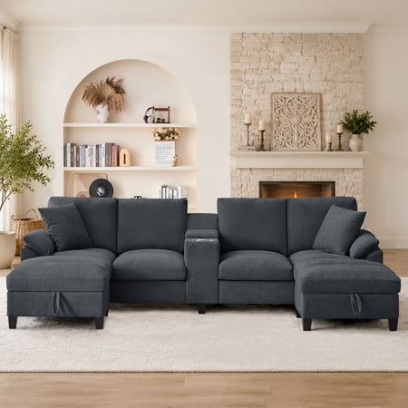 116" U Shaped Couch Modular Sectional Sofa with 2 Storage Ottomans & 1 Storage Console,USB Charging Ports & 2 Cup Holders & 2 Throw Pillows,Modern Linen 4 Seater Sofa for Living Room,Apartment,Office