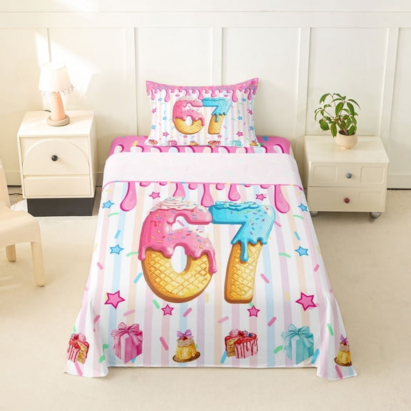 Feelyou Sweet Birthday 67 Donut Twin Sheets for Kids, Pink Blue Ice Cream Drip Bedding, 3 Pieces, 1 Flat Sheet, 1 Fitted Sheet and 1 Pillowcase