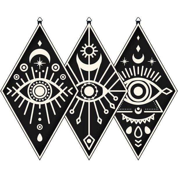3 piezas de decoración de pared de estilo bohemio con forma de ojo de Egipto y luna, arte rústico de brujería, de madera con gancho, letrero colgante de tarot, frontones, decoración de Halloween para