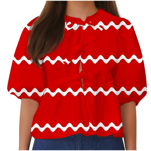 SHTXOZHI Womens Lace-up Front Tops Puff Short Sleeve Babydoll Cute Blouse Summer Shirts