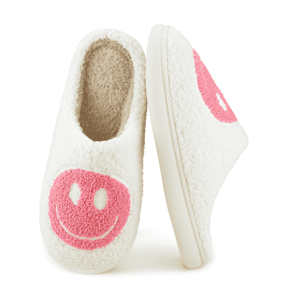 BERANMEY Cute Smile Face Slippers for Women Perfect Soft Plush Comfy Warm Slip-On Happy Face Slippers fo Women Indoor fluffy Smile House Slippers for Women and Men Non-slip Fuzzy Flat Slides