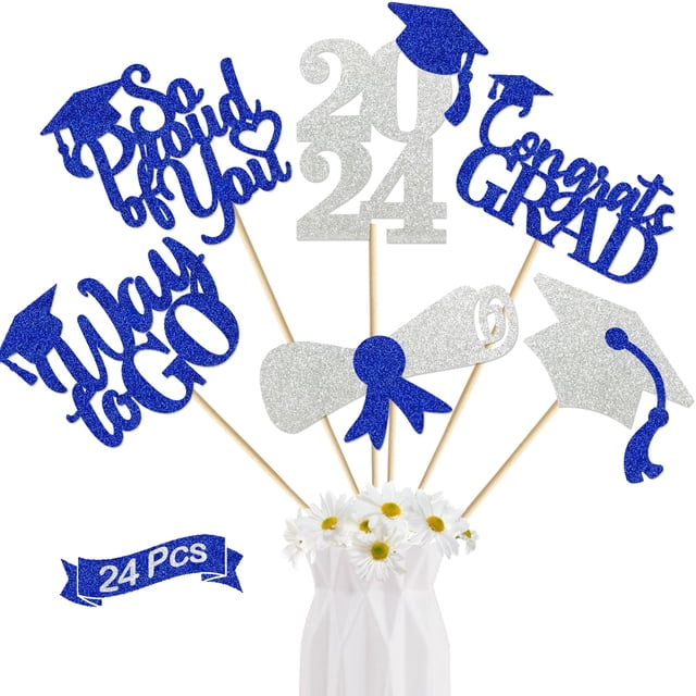 24Pcs Graduation Centerpieces for Tables 2024 Graduation Centerpiece Sticks Class of 2024 Centerpiece Sticks for Graduation Table Decorations Graduation Decorations 2024 (sliver blue)