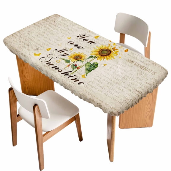 Sunflower Table Cloths for 3 Foot Rectangle Tables, Vintage Botanical Patio Waterproof Elastic Fitted Tablecloths, Washable Rectangular Table Cover for Camping
