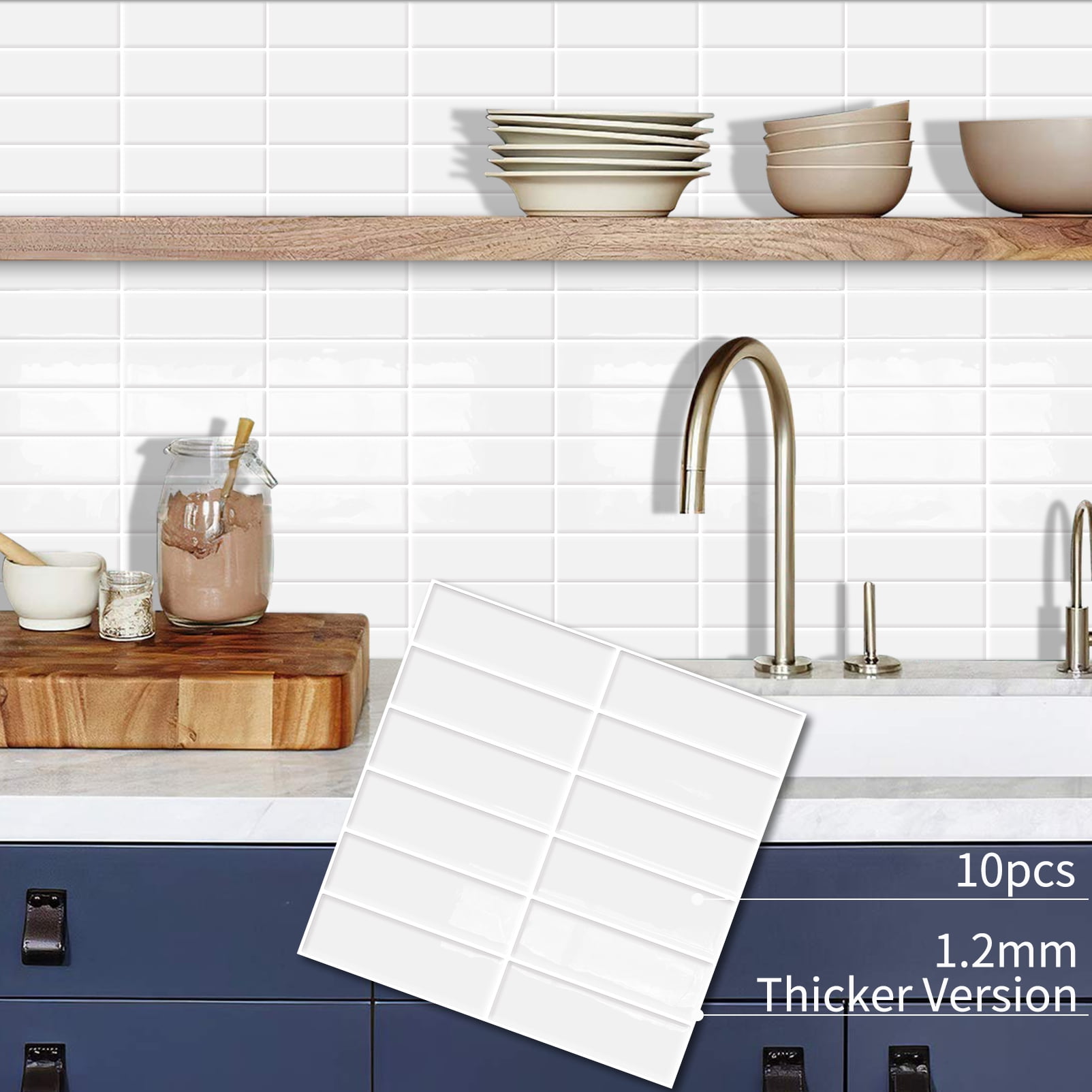 DEWOO 10pcs Peel and Stick Backsplash Wall Tiles, Extra Thick 3D Wall Panels, Heat & Water Resistant, Easy DIY Kitchen, Bathroom, Laundry, Fireplace & Rental Home Wall Décor (White, 12"×12")