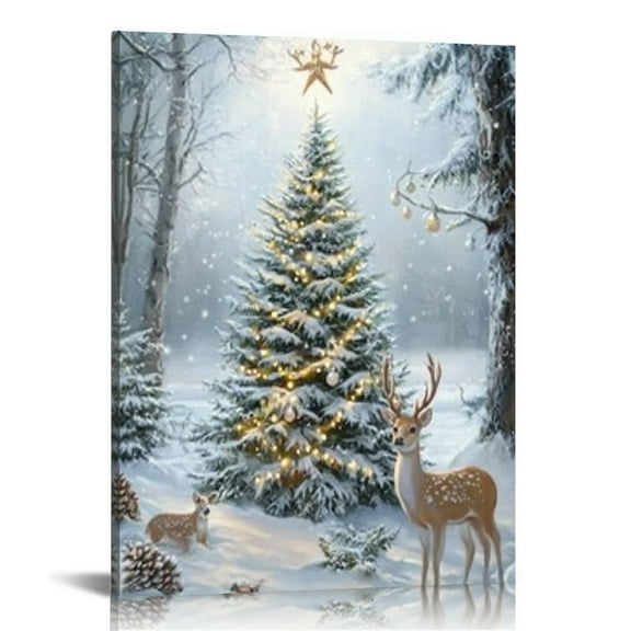 ONETECH Christmas Scene Canvas Wall Art Christmas Tree Reindeer Paintings Winter Snow Animal Picture Prints Holiday Decor  12x16 in