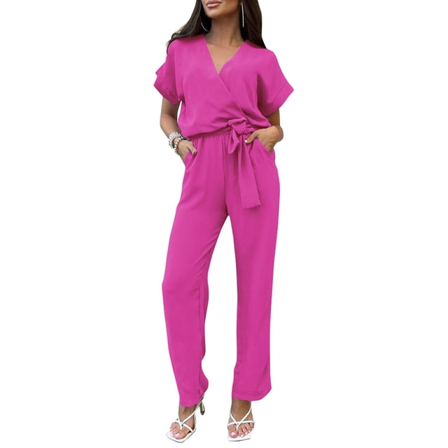 Mono de Mujer PRETTYGARDEN Rojo Rosa con Cuello en V y Cinturón XL
