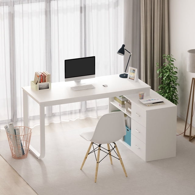 WIAWG 55" White L Shaped Desk with Storage Shelf Corner Office Writing Desk Study Workstation Table. This contemporary L-shaped desk features a spacious white work surface, three drawers with aluminum alloy handles, and two open shelves for organized storage. The desk is supported by a sturdy steel frame and includes an adjustable shelf on the left side. Ideal for home offices, it measures 55.1 inches in length, 23.6 inches in width, and 29.5 inches in height. The image shows the desk in a bright, modern room with a computer, lamp, and chair placed nearby.