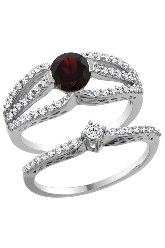 14K White Gold Natural Garnet 2-piece Engagement Ring Set Round 5mm, size 5.5
