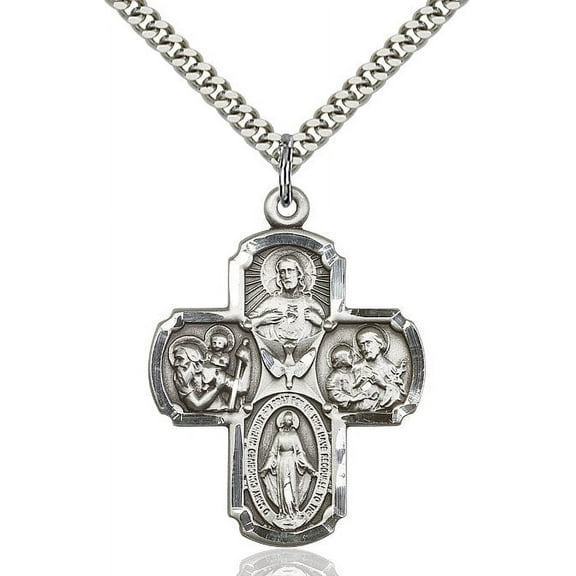 Extel Large Pewter Traditional Catholic 5-Way Cross Cruciform Pendant with 24" chain with Miraculous Medal, St. Joseph, St. Christopher and Sacred Heart, Made in USA