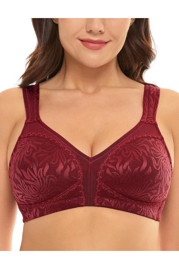 Women's Full Coverage Plus Size Bra Non Padded Wireless Minimizer Bra, Wine Red 44DD