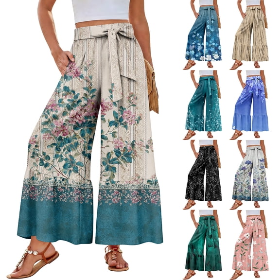 Women's Boho Print Palazzo Lounge Pants High Waisted Ties Ruffle Hem Wide Leg Comfy Pants with Pockets Blue S
