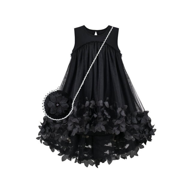 Vestido de Niña Negro con Bolso Cruzado, Línea A, sin Mangas, Flor 3D, 7 Años