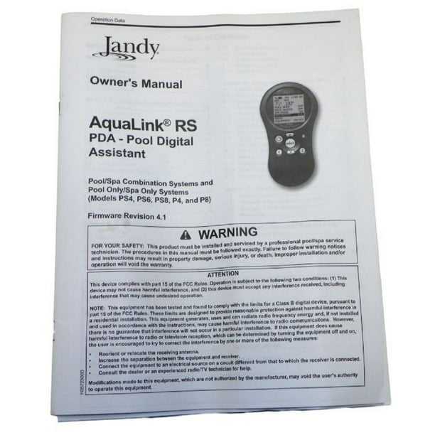 Jandy AquaLink RS PDA Owner's Manual Firmware Revision 4.1 Walmart