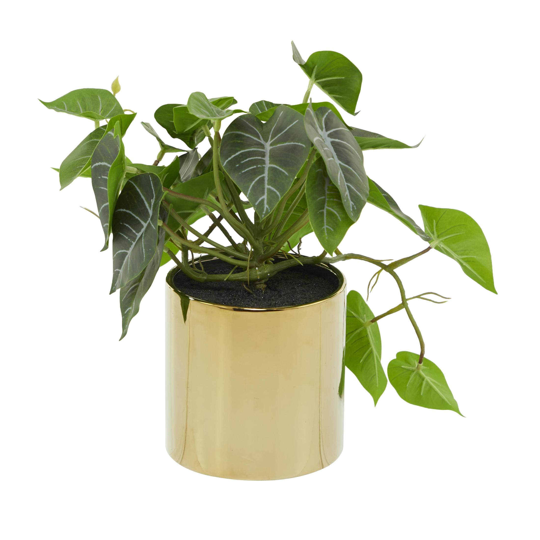 DecMode 12" Artificial Pothos Plant in Realistic Leaves and Gold Porcelain Pot