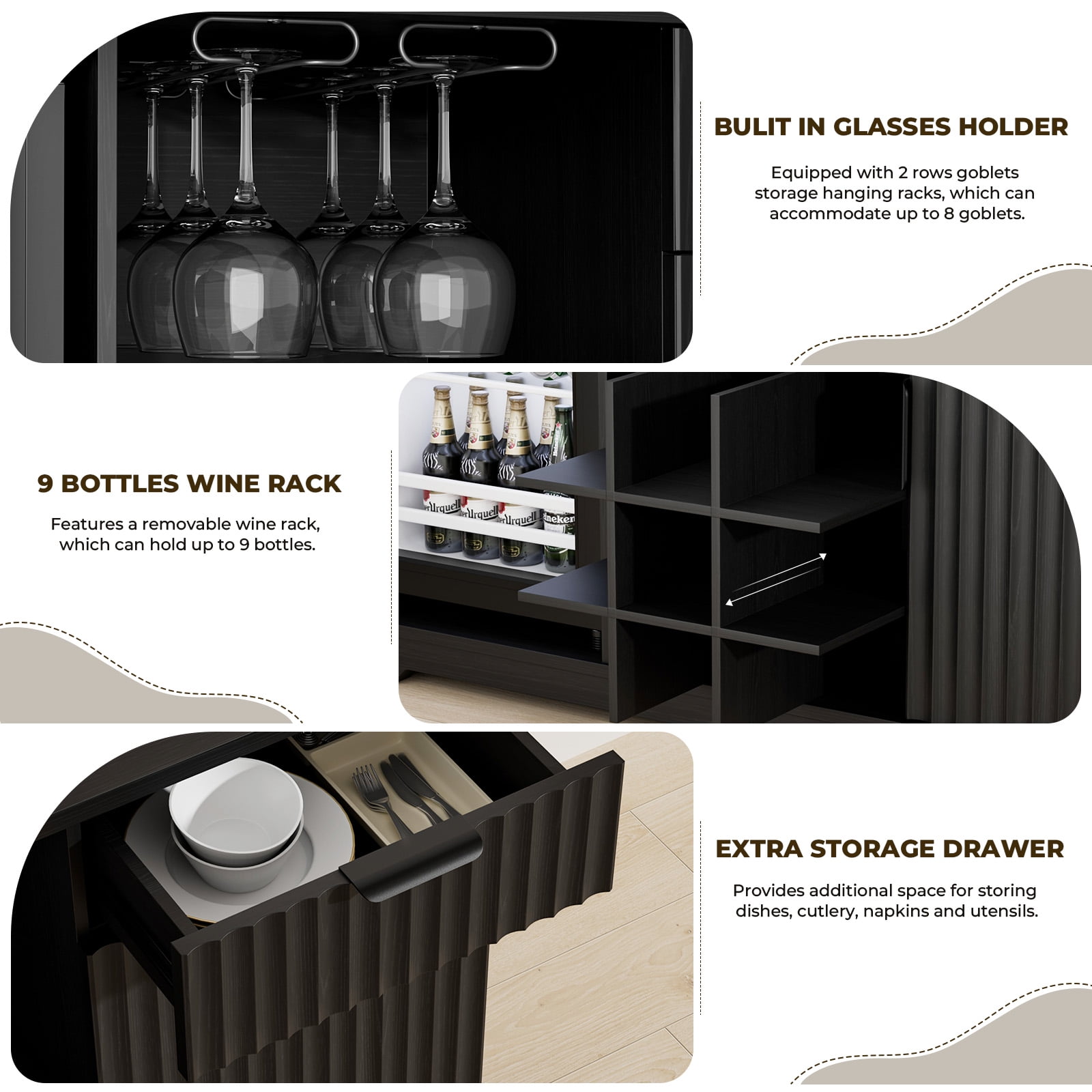 BROTTAR Fluted Wine Bar Cabinet with Fridge (Fridge Included), 47" Coffee Bar Cabinet with Wine Rack and Glass Holder, Liquor Cabinets with Drawer & Storage, Home Bar for Dining Room Kitchen, Black