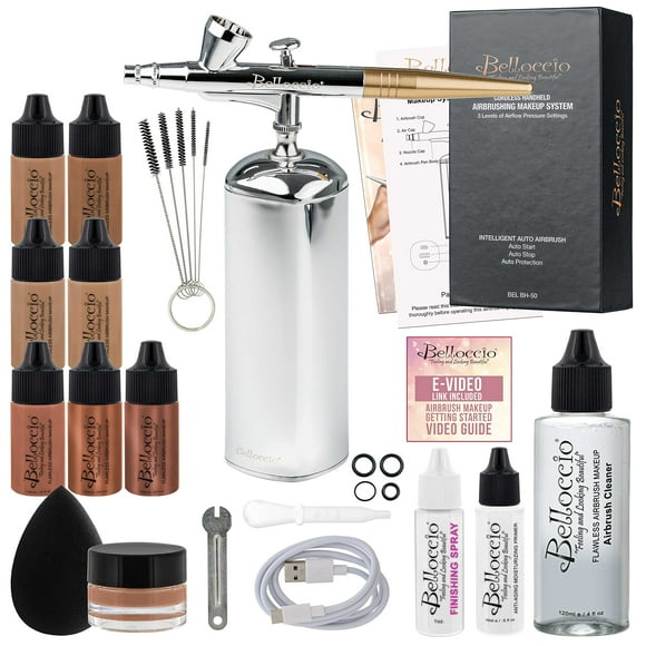 Belloccio Complete Cordless Handheld Airbrush Cosmetic Makeup System with 4 Tan Foundation Shades, Professional 18-Piece Kit, Moisturizing Primer, Blush, Bronzer, Highli