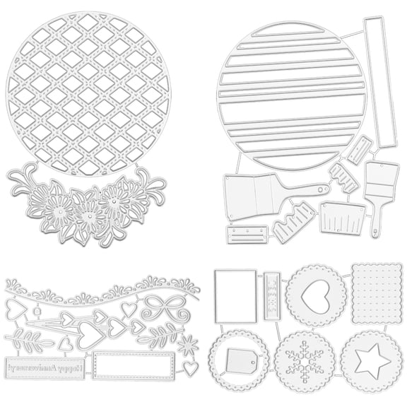 Cutting Dies for Card Making, 4 Pcs Metal Stencils Set with Stainless Steel Floral Border, Wreath & Grid Background for DIY Scrapbook Paper Crafts